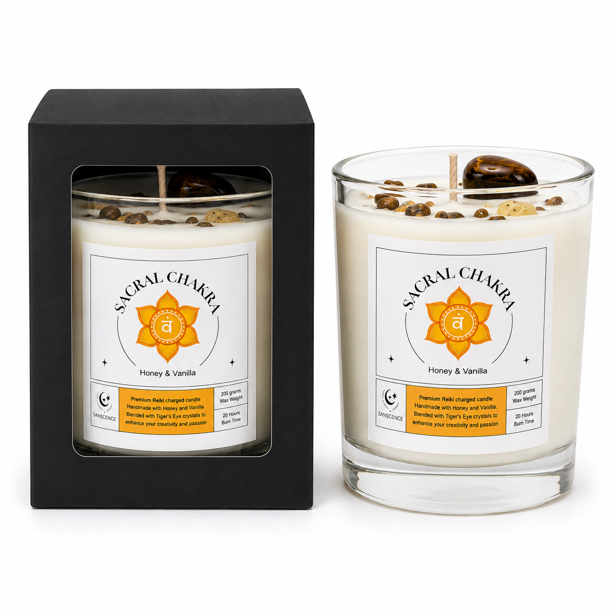 Sacral Chakra Reiki Charged Glass Jar Candle - Honey, Vanilla & Tiger's Eye