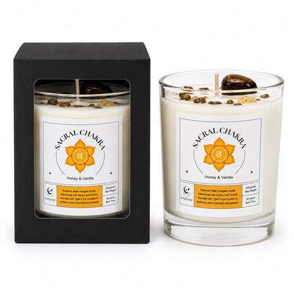 Sacral Chakra Reiki Charged Glass Jar Candle - Honey, Vanilla & Tiger's Eye