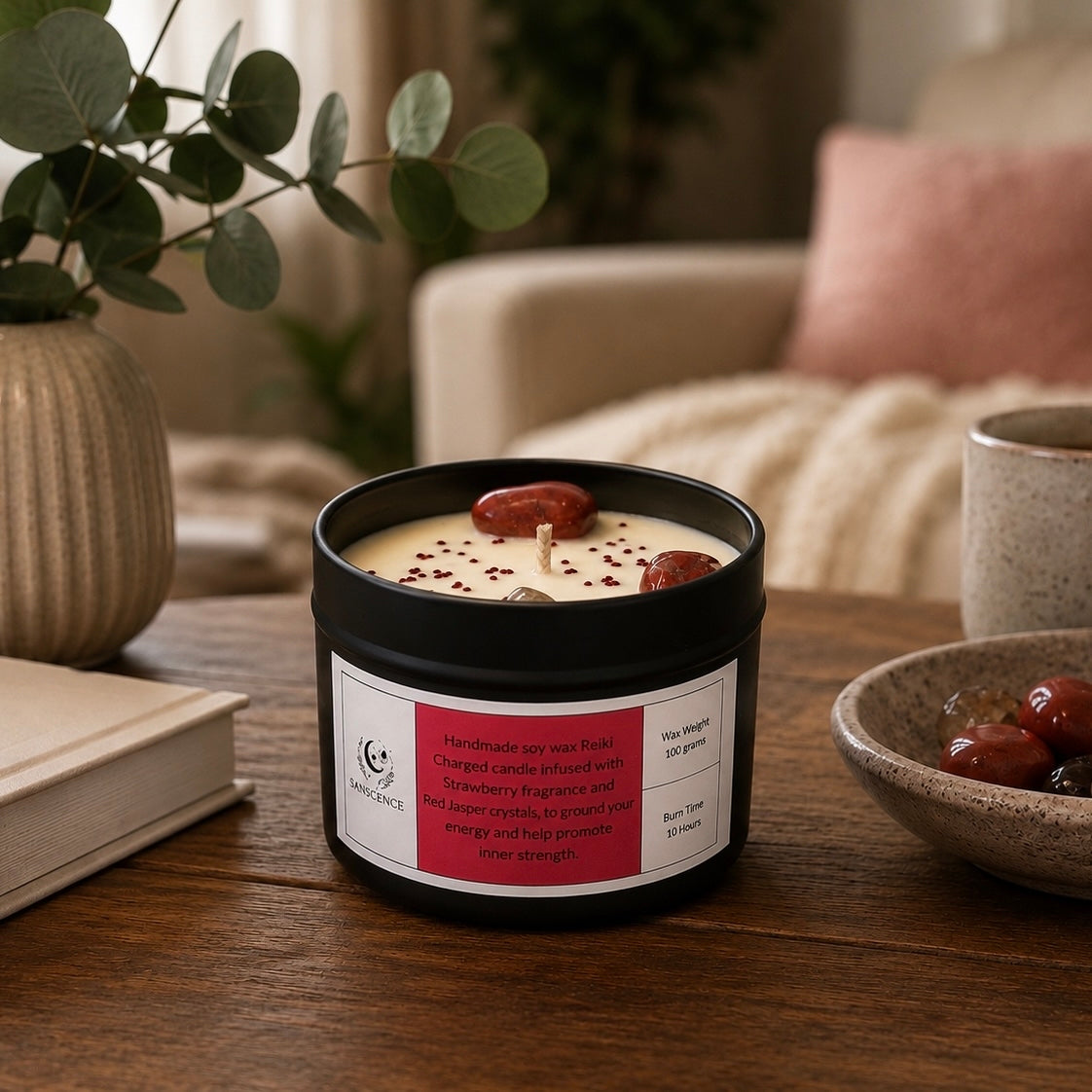 Root chakra 100g soy tin candle topped with red jasper crystals, alternate view – root chakra candle 100g by Sanscence