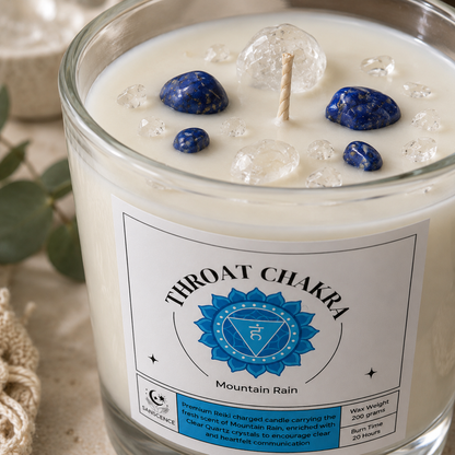Throat Chakra Reiki Charged Glass Jar Candle - Mountain Rain & Clear Quartz
