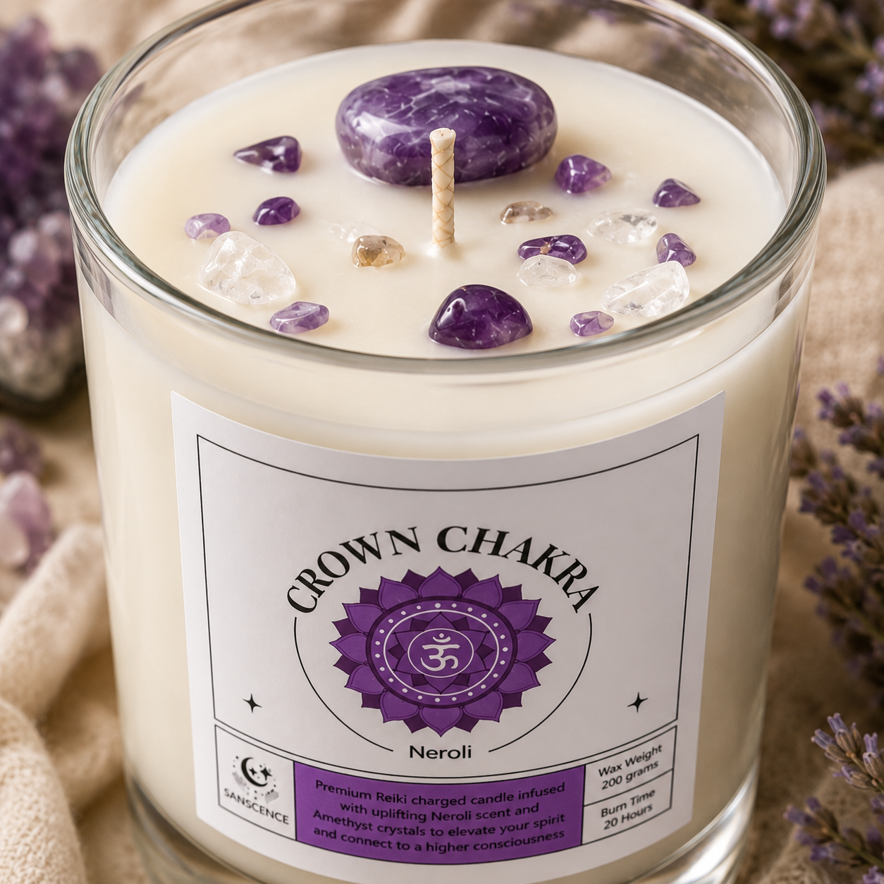 Crown Chakra Reiki Charged Glass Jar Candle - Neroli & Amethyst