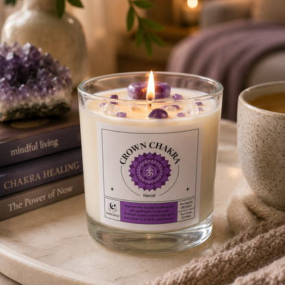 Crown Chakra Reiki Charged Glass Jar Candle - Neroli & Amethyst