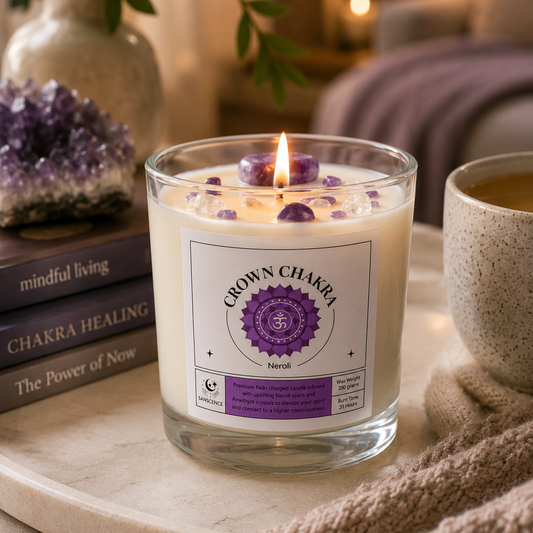Crown Chakra Reiki Charged Glass Jar Candle - Neroli & Amethyst