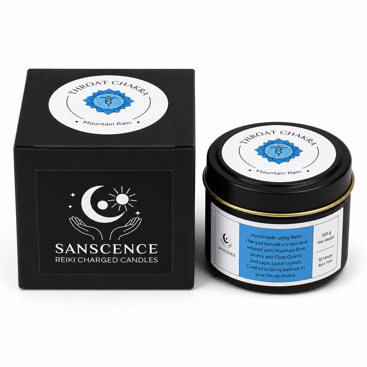 Throat Chakra Reiki Charged Tin Candle - Mountain Rain & Clear Quartz