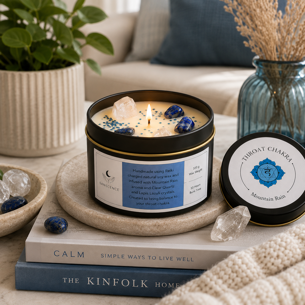 Throat chakra 100g soy tin candle topped with clear quartz crystals, mountain rain scented Reiki charged candle