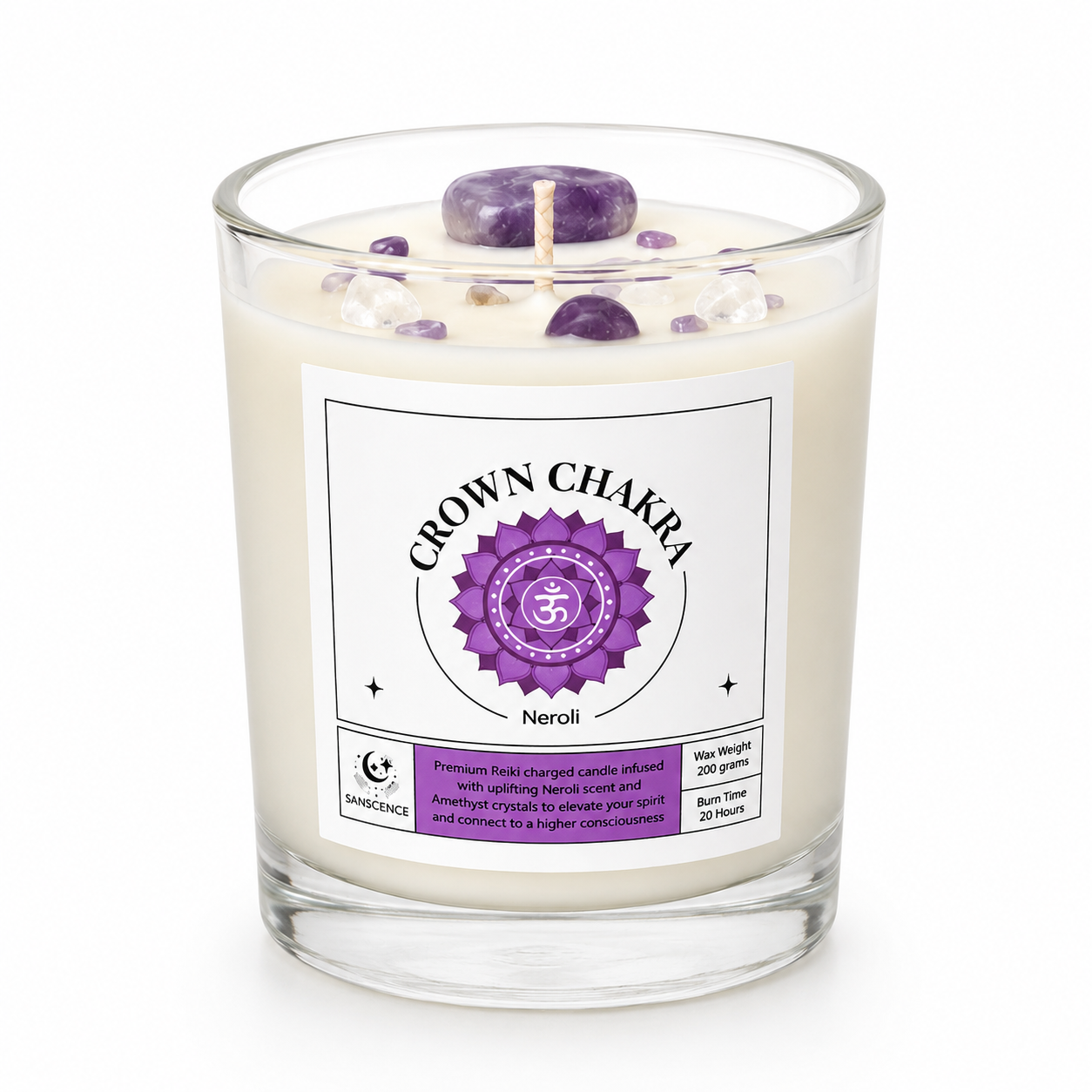 Crown Chakra Reiki Charged Glass Jar Candle - Neroli & Amethyst