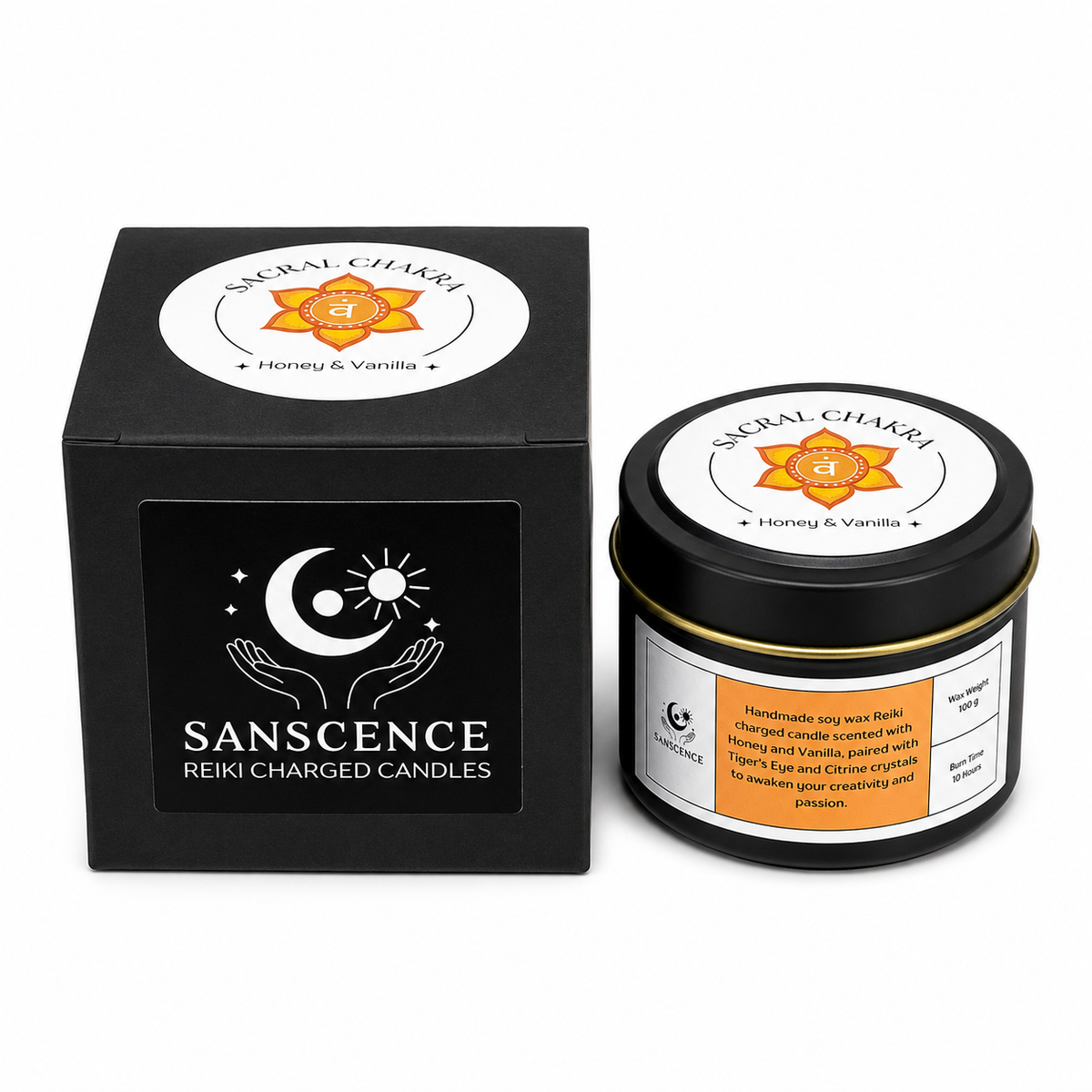 Sacral Chakra Reiki Charged Tin Candle - Honey, Vanilla & Tiger's Eye