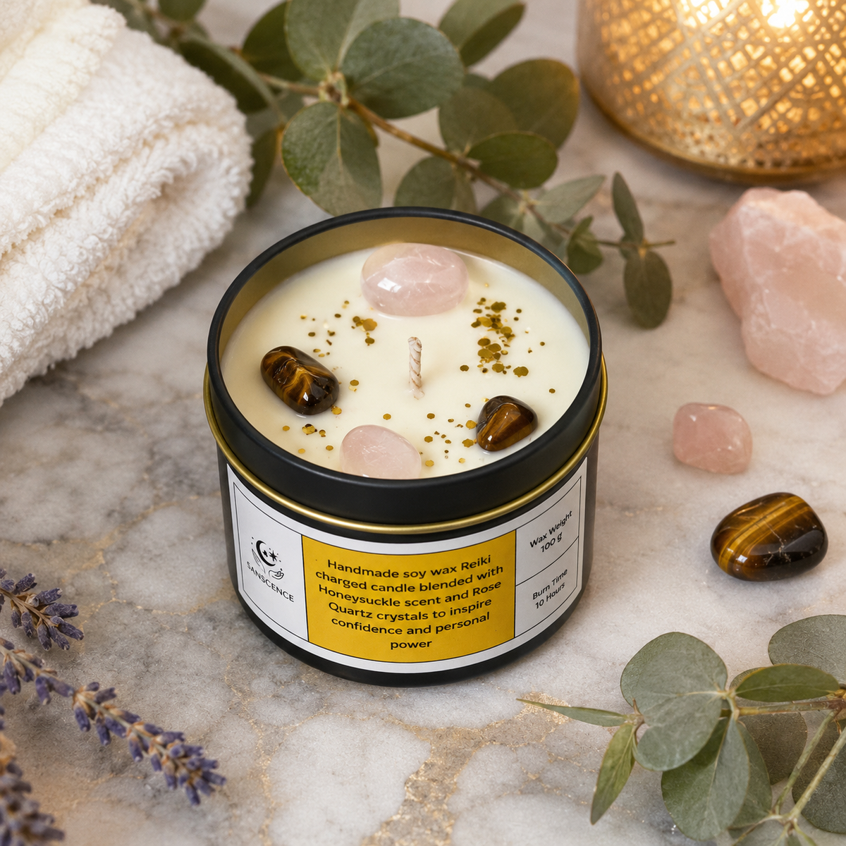 Solar Plexus Chakra Reiki Charged Tin Candle - Honeysuckle & Rose Quartz