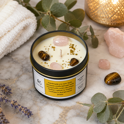 Solar Plexus Chakra Reiki Charged Tin Candle - Honeysuckle & Rose Quartz