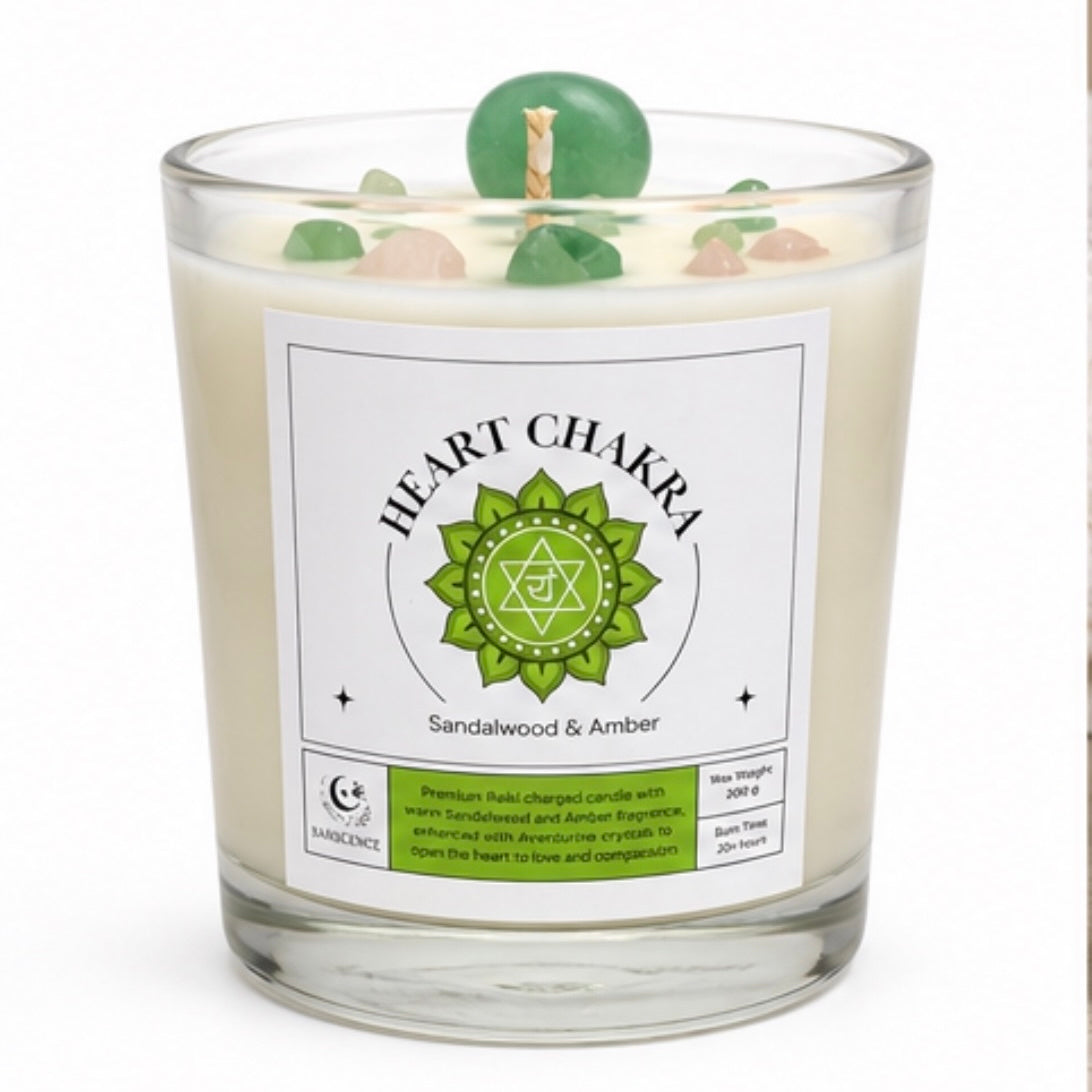 Heart Chakra Reiki Charged Glass Jar Candle - Sandalwood, Amber & Aventurine
