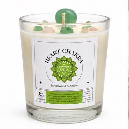 Heart Chakra Reiki Charged Glass Jar Candle - Sandalwood, Amber & Aventurine