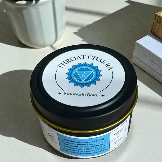 Throat Chakra Reiki Charged Tin Candle - Mountain Rain & Clear Quartz