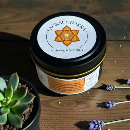 Sacral Chakra Reiki Charged Tin Candle - Honey, Vanilla & Tiger's Eye