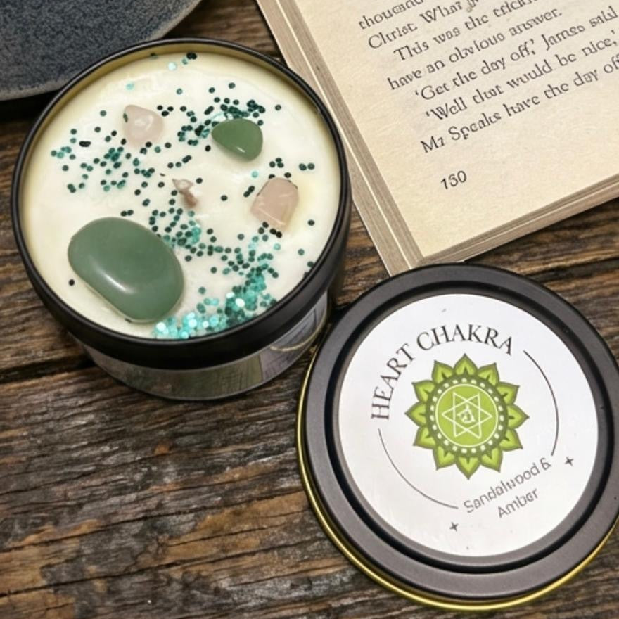 Candle with 'Heart Chakra' label on a wooden surface with a book and cup of coffee.