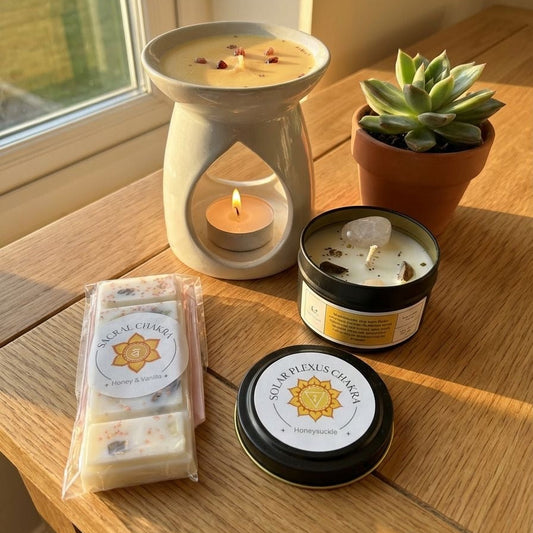 Solar Plexus Chakra Reiki Charged Tin Candle - Honeysuckle & Rose Quartz