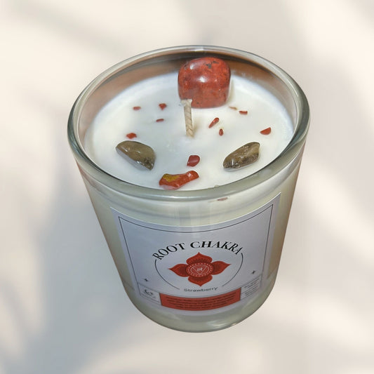 Root Chakra Reiki Charged Glass Jar Candle - Strawberry & Red Jasper