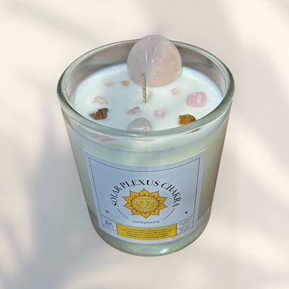 Solar Plexus Chakra Reiki Charged Glass Jar Candle - Honeysuckle & Rose Quartz