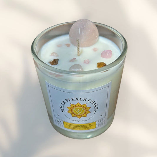 Solar Plexus Chakra Reiki Charged Glass Jar Candle - Honeysuckle & Rose Quartz