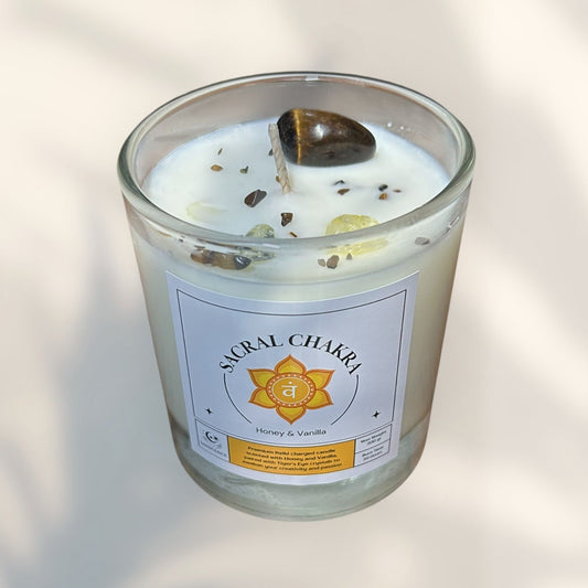 Sacral Chakra Reiki Charged Glass Jar Candle - Honey, Vanilla & Tiger's Eye