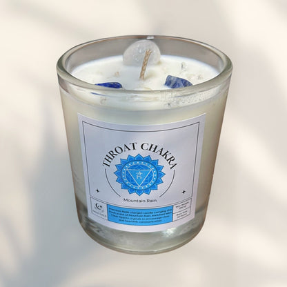 Throat Chakra Reiki Charged Glass Jar Candle - Mountain Rain & Clear Quartz