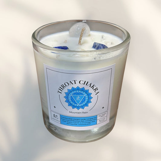 Throat Chakra Reiki Charged Glass Jar Candle - Mountain Rain & Clear Quartz