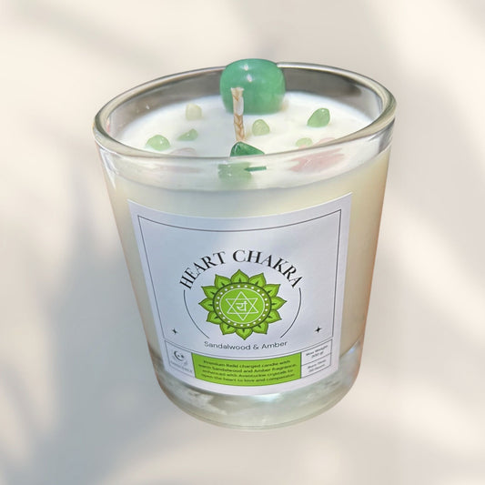Heart Chakra Reiki Charged Glass Jar Candle - Sandalwood, Amber & Aventurine