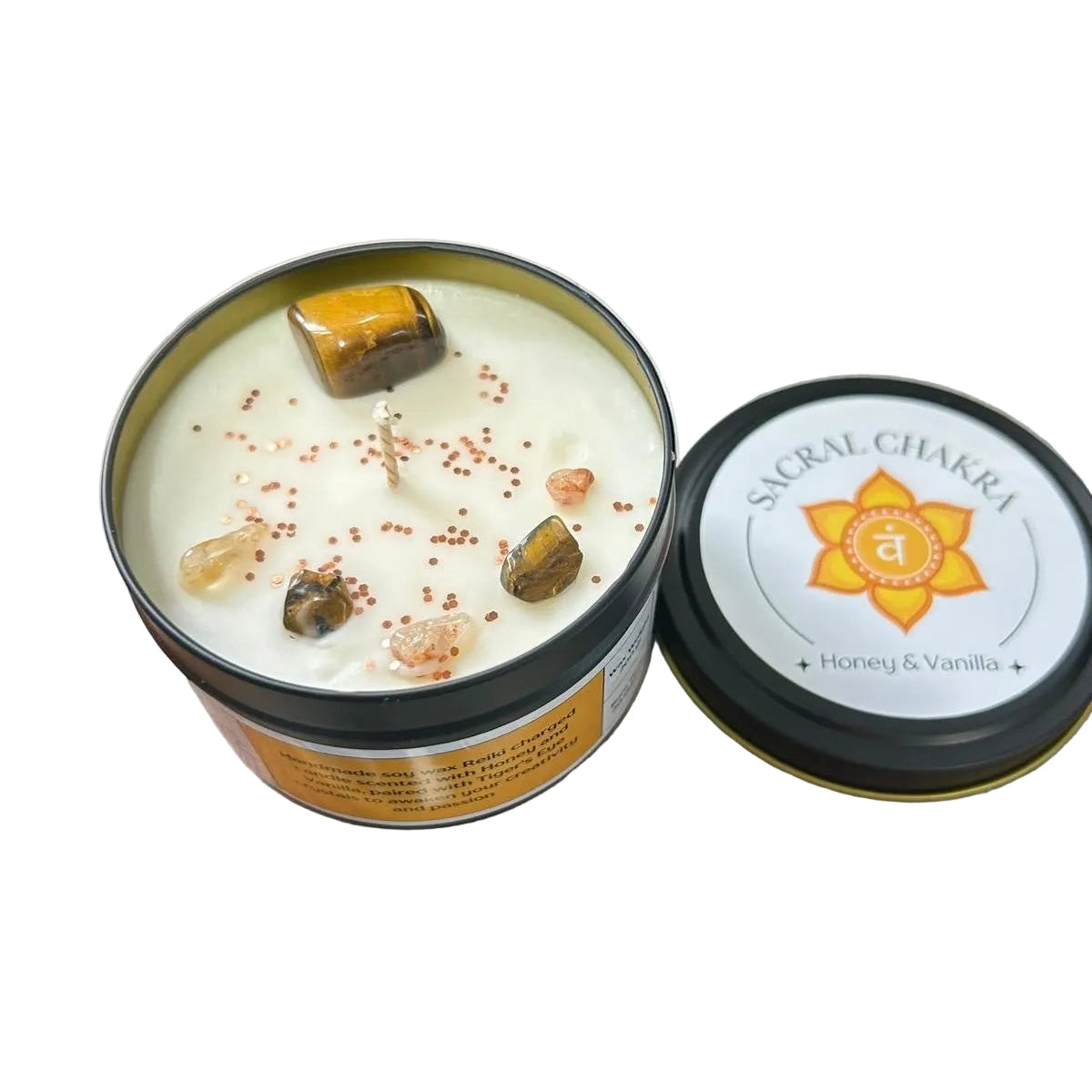 Sacral Chakra Reiki Charged Large Tin Candle - Honey, Vanilla & Tiger's Eye