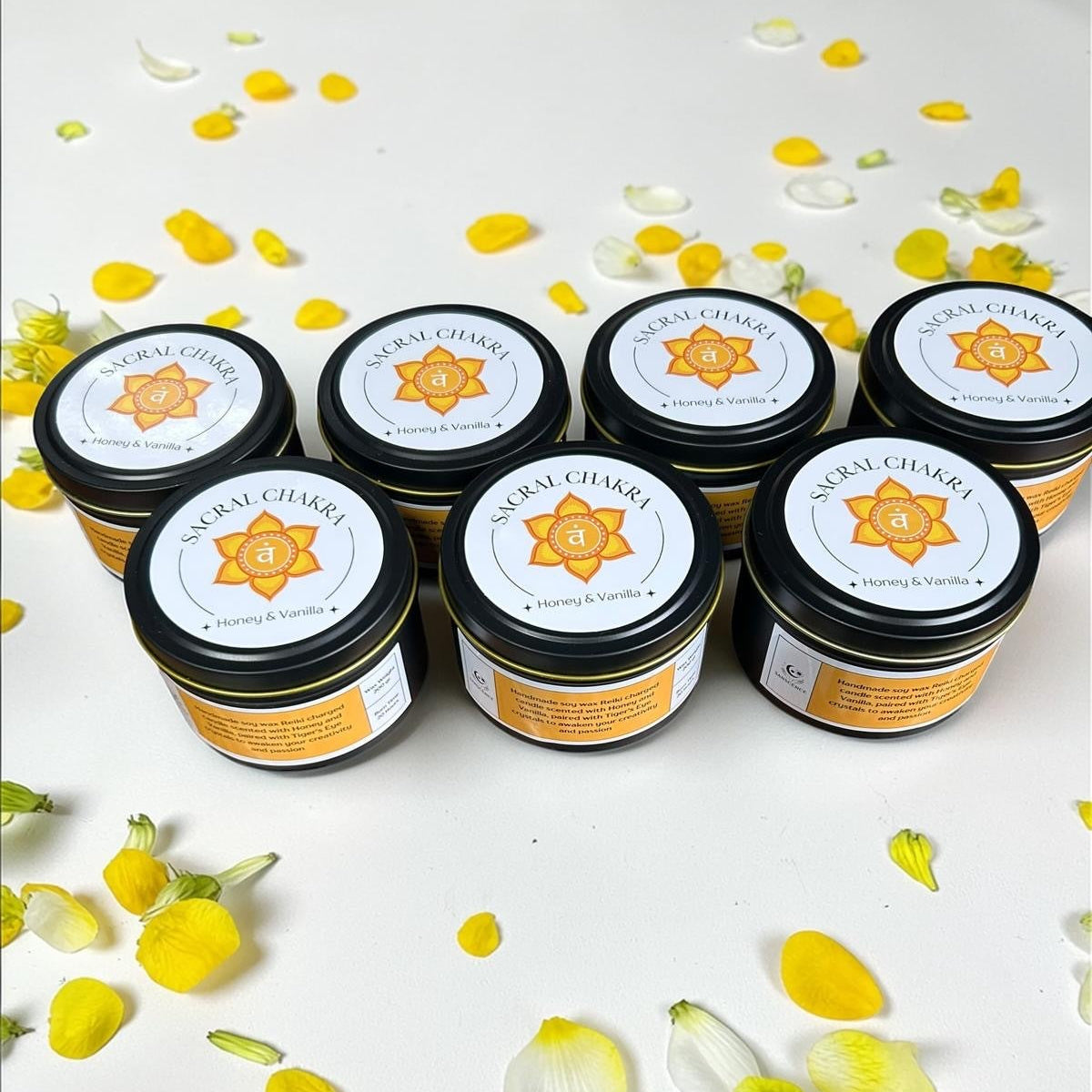 Sacral Chakra Reiki Charged Large Tin Candle - Honey, Vanilla & Tiger's Eye