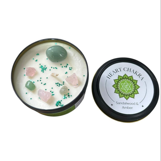 Heart Chakra Reiki Charged Large Tin Candle - Sandalwood, Amber & Aventurine