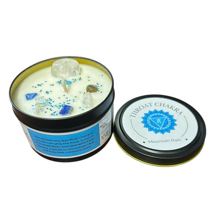 Throat Chakra Reiki Charged Large Tin Candle - Mountain Rain & Clear Quartz