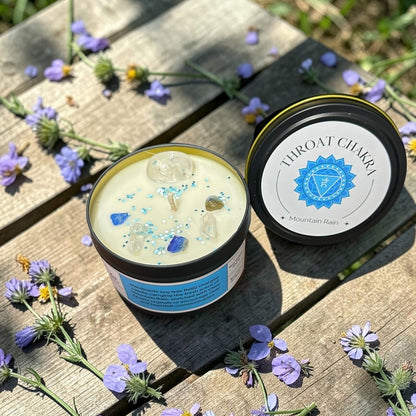 Two containers of 'Throat Chakra' product on a wooden surface with flowers around