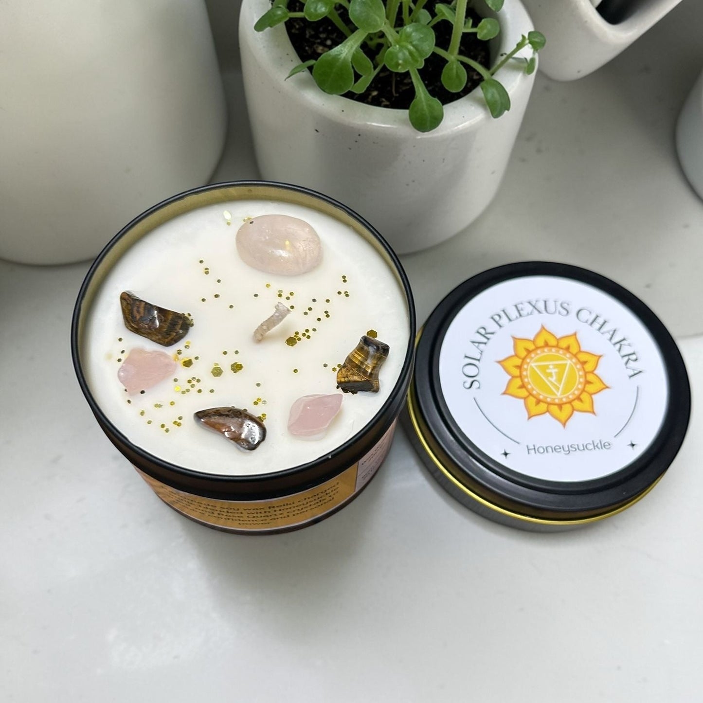 Solar Plexus Chakra Reiki Charged Large Tin Candle - Honeysuckle & Rose Quartz