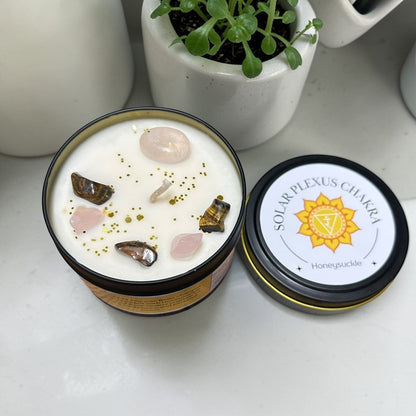 Solar Plexus Chakra Reiki Charged Large Tin Candle - Honeysuckle & Rose Quartz