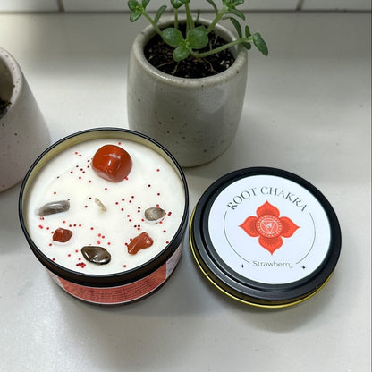 Root Chakra Reiki Charged Large Tin Candle - Strawberry & Red Jasper