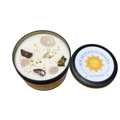 Solar Plexus Chakra Reiki Charged Large Tin Candle - Honeysuckle & Rose Quartz