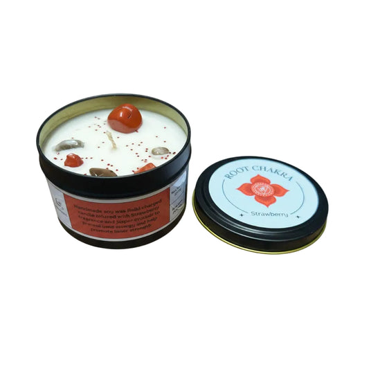 Root Chakra Reiki Charged Large Tin Candle - Strawberry & Red Jasper