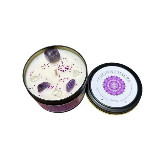 Crown Chakra Reiki Charged Large Tin Candle - Neroli & Amethyst