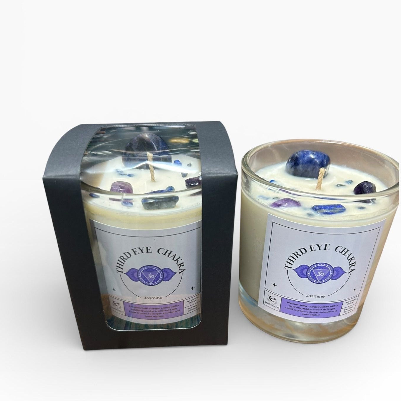 Third Eye Chakra Reiki Charged Glass jar Candle - Jasmine & Lapis Lazuli