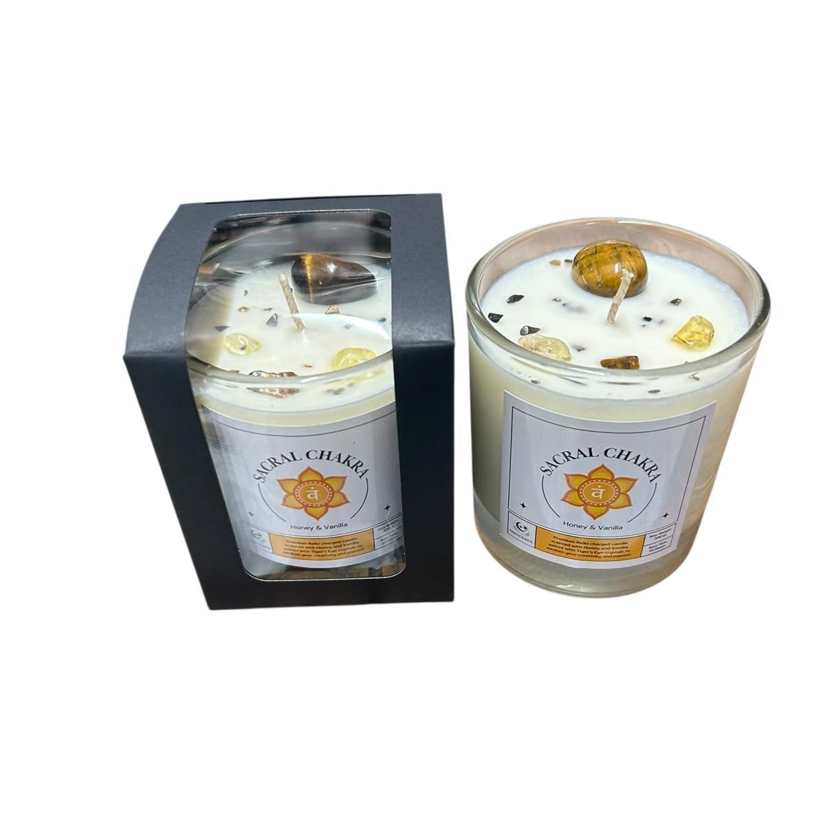 Sacral Chakra Reiki Charged Glass Jar Candle - Honey, Vanilla & Tiger's Eye