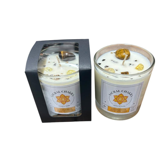 Sacral Chakra Reiki Charged Glass Jar Candle - Honey, Vanilla & Tiger's Eye