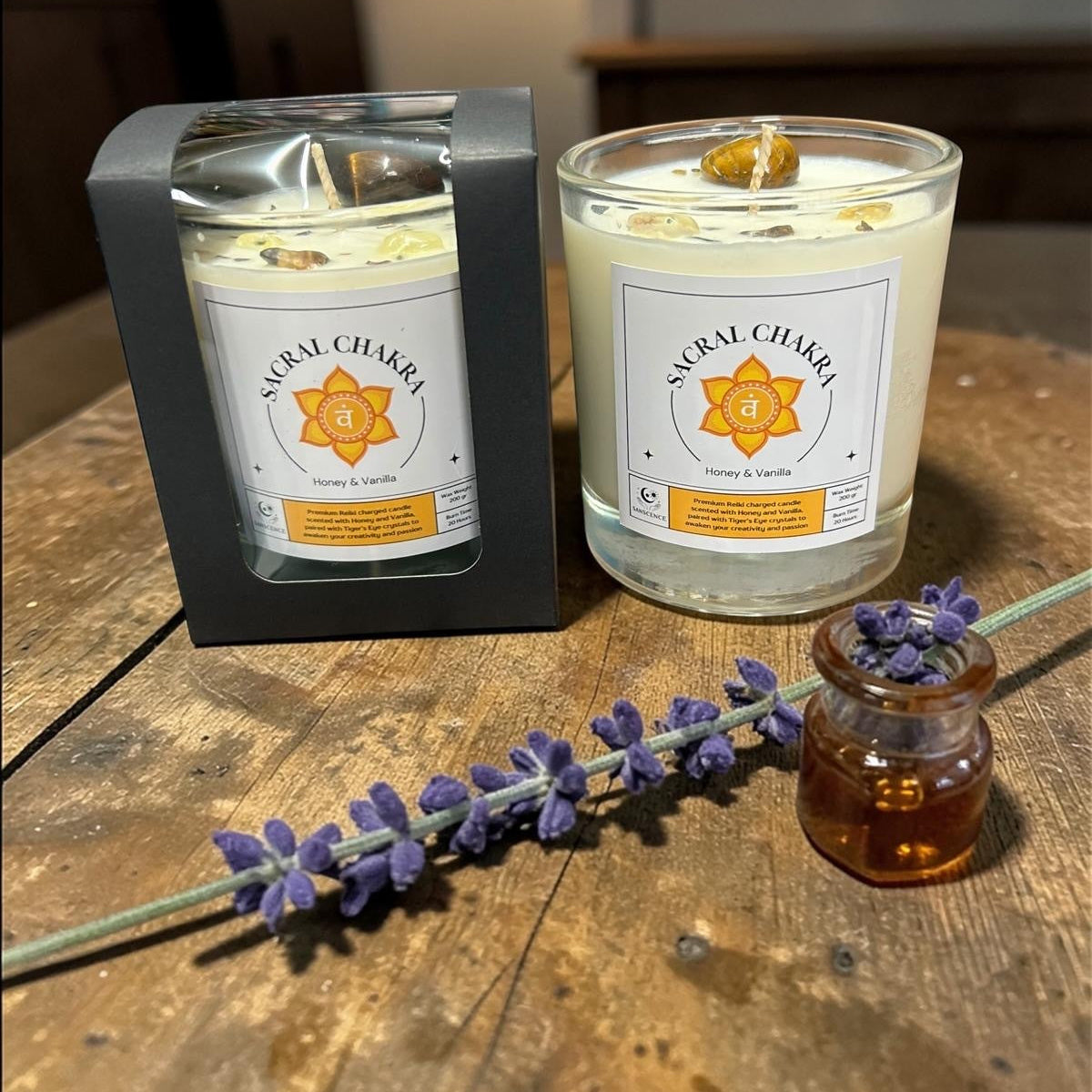 Sacral Chakra Reiki Charged Glass Jar Candle - Honey, Vanilla & Tiger's Eye