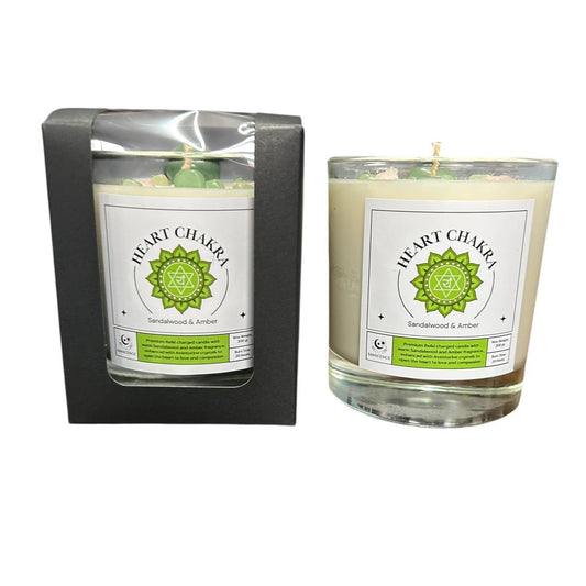 Heart Chakra Reiki Charged Glass Jar Candle - Sandalwood, Amber & Aventurine