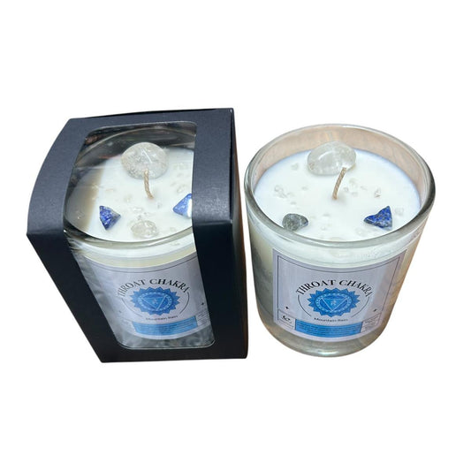 Throat Chakra Reiki Charged Glass Jar Candle - Mountain Rain & Clear Quartz