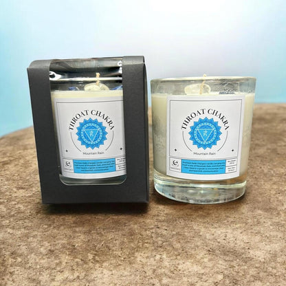 Throat Chakra Reiki Charged Glass Jar Candle - Mountain Rain & Clear Quartz