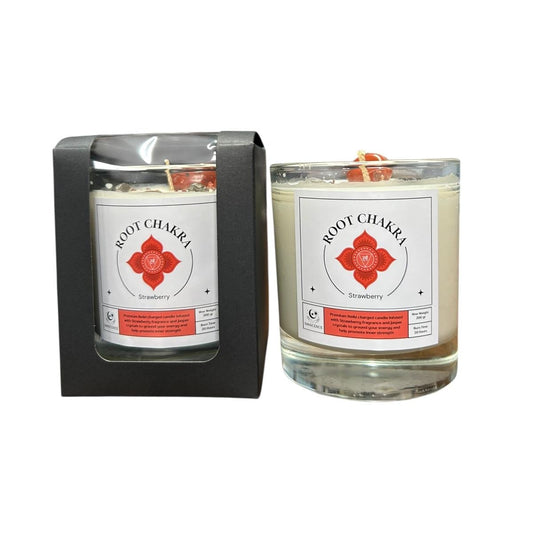 Root Chakra Reiki Charged Glass Jar Candle - Strawberry & Red Jasper