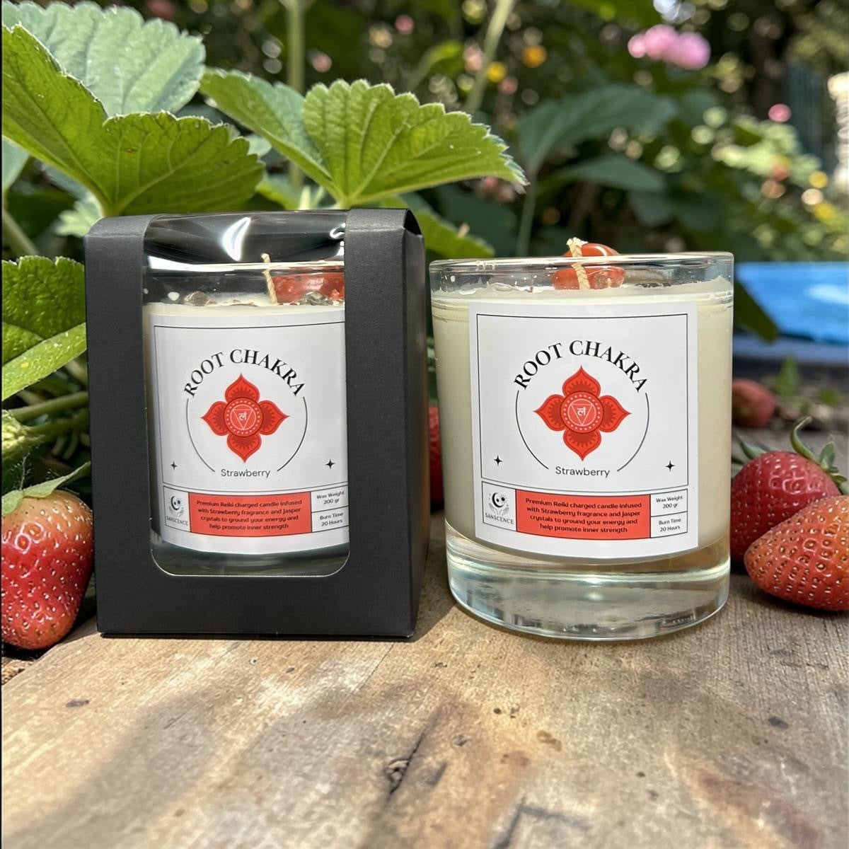 Root Chakra Reiki Charged Glass Jar Candle - Strawberry & Red Jasper