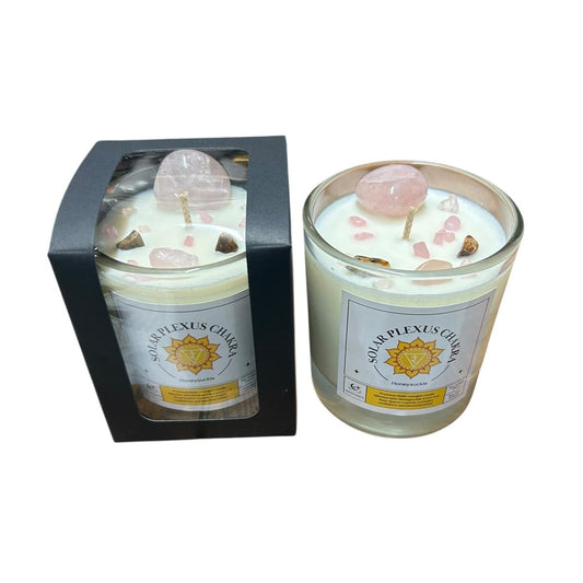 Solar Plexus Chakra Reiki Charged Glass Jar Candle - Honeysuckle & Rose Quartz