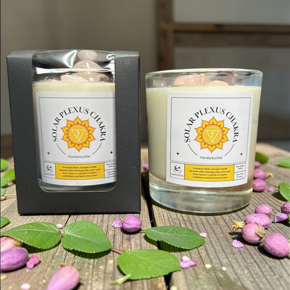 Solar Plexus Chakra Reiki Charged Glass Jar Candle - Honeysuckle & Rose Quartz