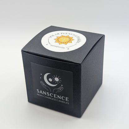 Black candle box with 'Sanscense' branding on a white background
