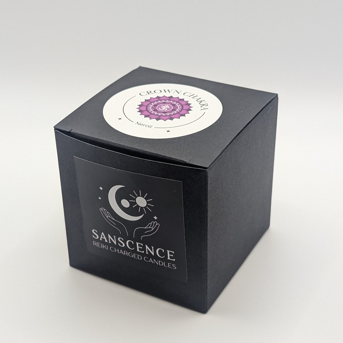 Black candle box with 'Sanscience' branding on a white background